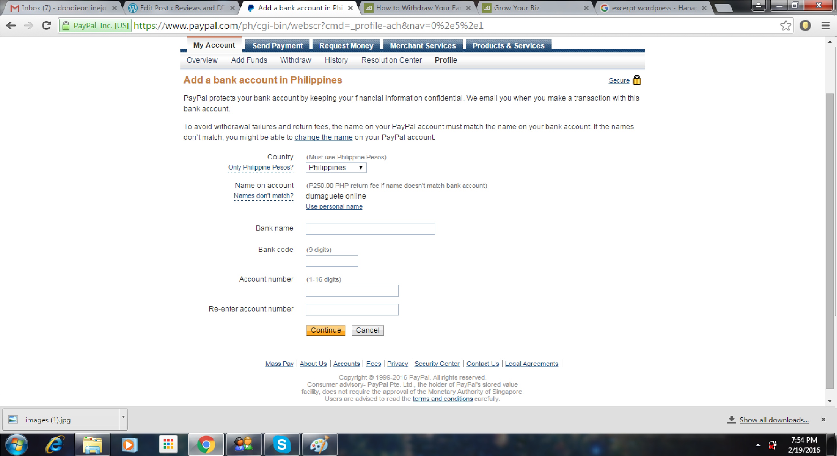 Page to add BPI account to paypal