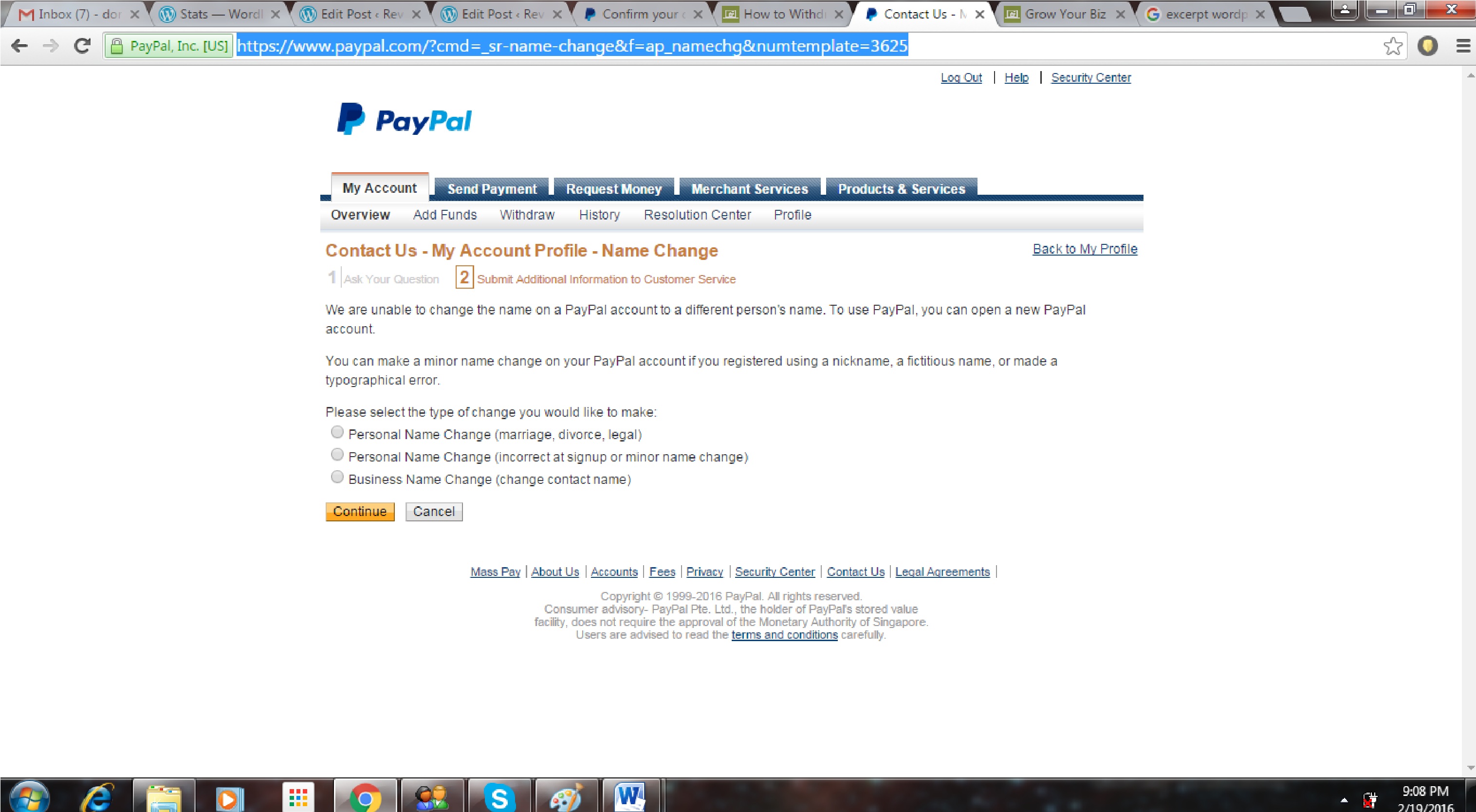 Change name page on Paypal